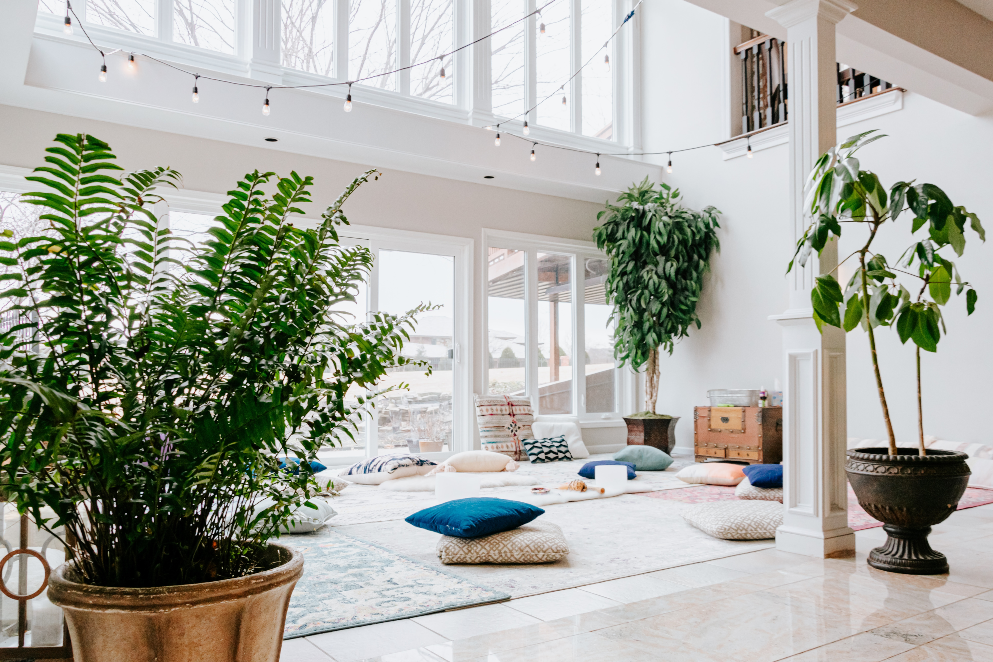 meditation room with pillows and plants with a lot of light