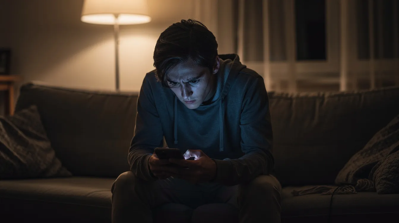 The image depicts a stressed person sitting alone on a couch in dim lighting, intently looking at their phone screen. This scene captures a moment of financial concern, possibly related to debt restructuring or financial difficulties.