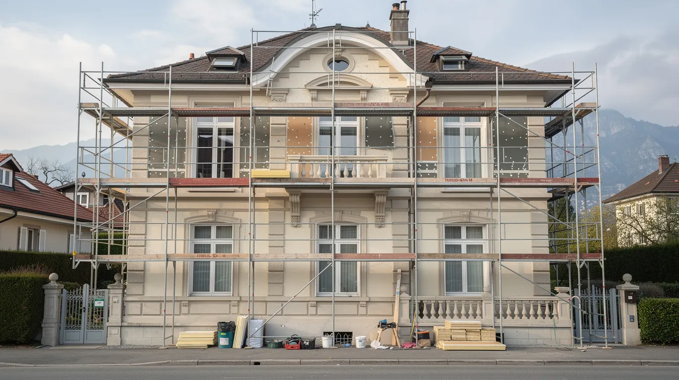 L'image montre la façade d'une élégante villa genevoise, actuellement en rénovation avec des travaux d'isolation extérieure en cours, entourée d'échafaudages. Ce projet vise à améliorer l'efficacité énergétique du bâtiment, contribuant ainsi à réduire les émissions de CO2 et à obtenir un certificat énergétique cantonal des bâtiments (CECB).