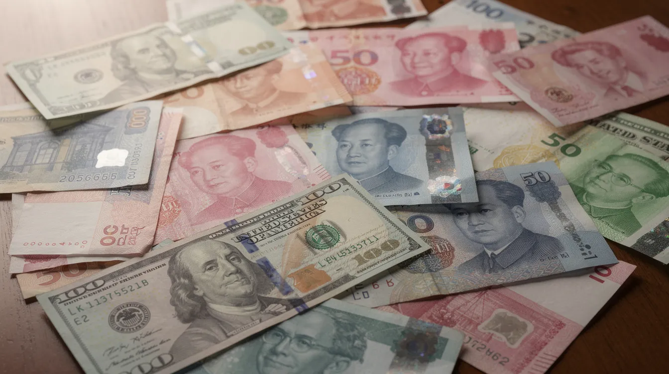 The image depicts a variety of international currency banknotes, including the US dollar and Japanese yen, spread out on a table, symbolizing the diverse landscape of forex trading and currency markets. This visual representation highlights the importance of understanding currency values and trading strategies for forex traders looking to navigate market volatility.