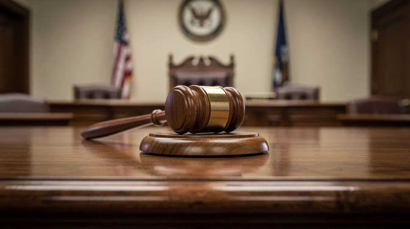 The image depicts a gavel resting on a polished wooden judge's bench in a courtroom, symbolizing the legal process involved in cases such as drunk driving accidents and car accident claims. This setting highlights the importance of legal representation and accountability for victims injured by negligent drivers.