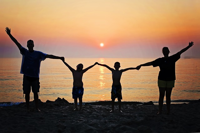 family, sunset, beach