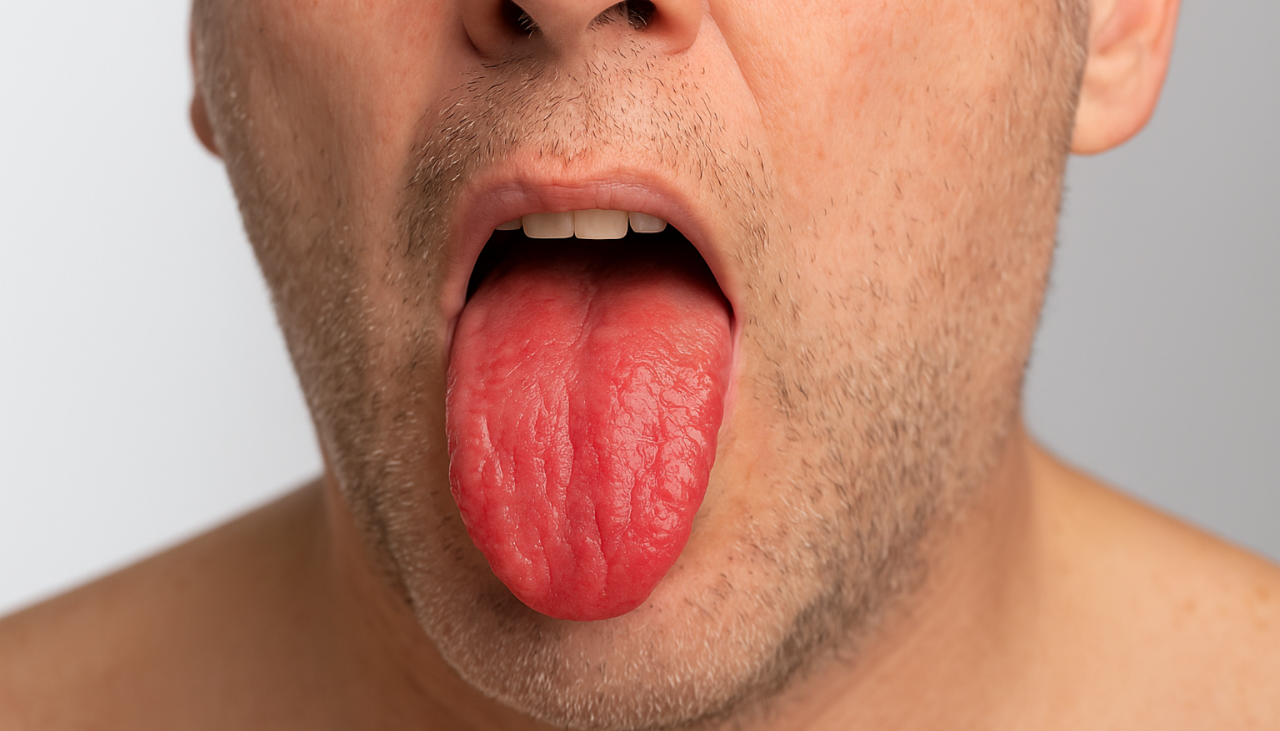 Glossitt – Når tungen blir betent og smertefull 15 Nærbilde av en mann med betent og hoven tunge som stikker ut, tydelige tegn på glossitt og ubehag i munnen.
