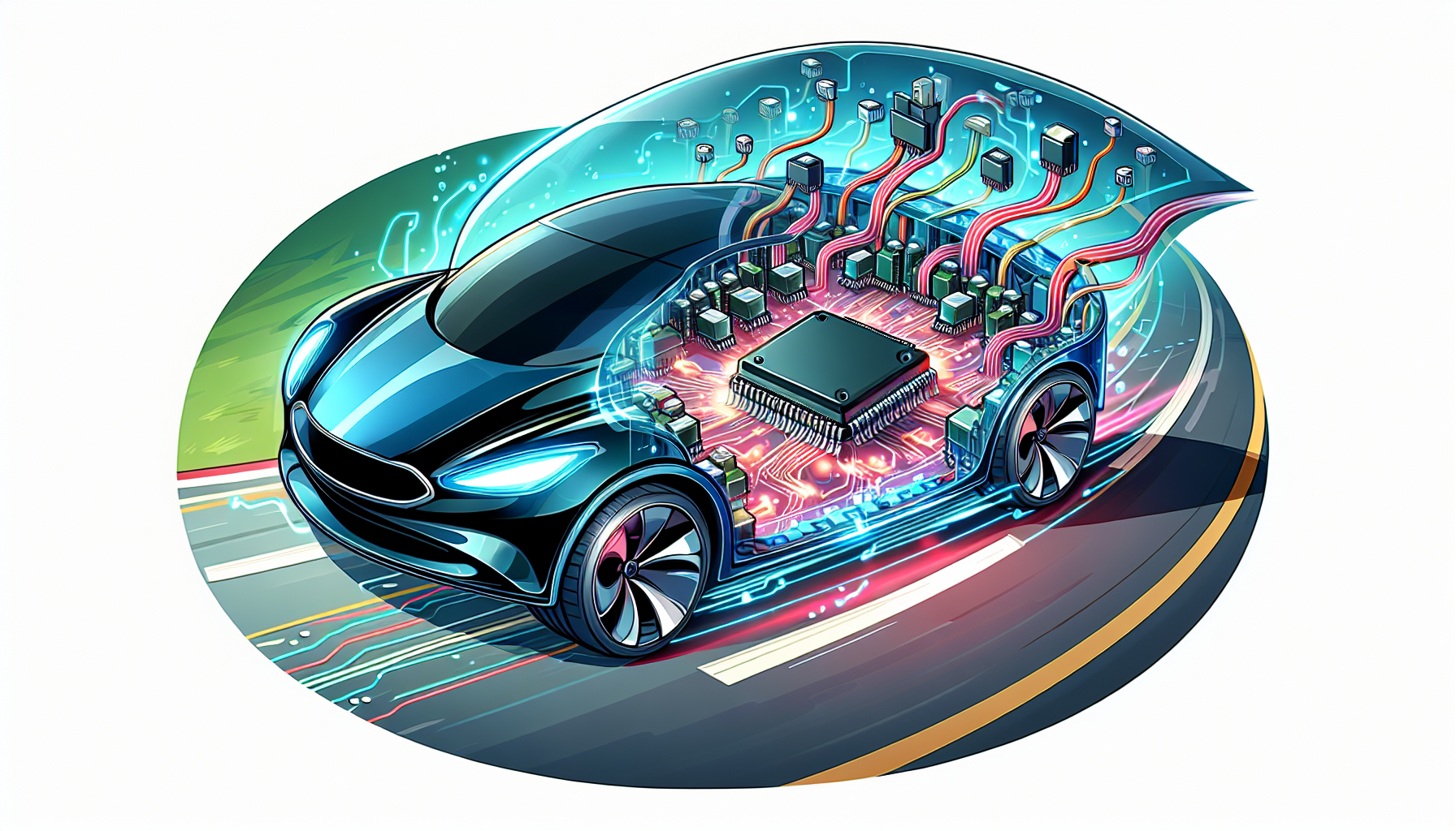 Cartoon illustration of an electric vehicle with microcontrollers supporting complex functionalities for autonomous driving