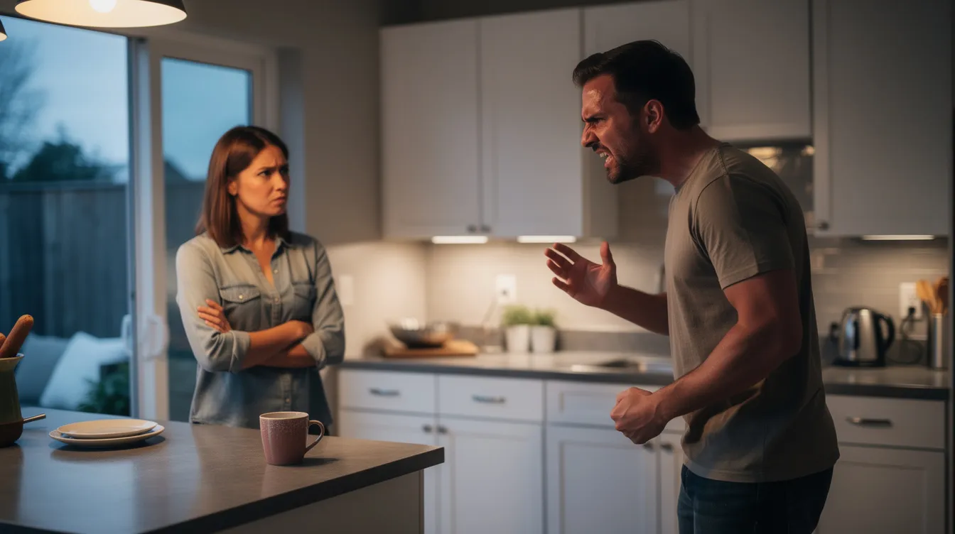 The image depicts a couple arguing in their kitchen, with the man visibly angry, highlighting the tension typical in toxic relationships. This scene reflects the emotional turmoil and unhealthy dynamics often present in abusive relationships, where intense feelings can lead to emotional addiction and self-doubt.