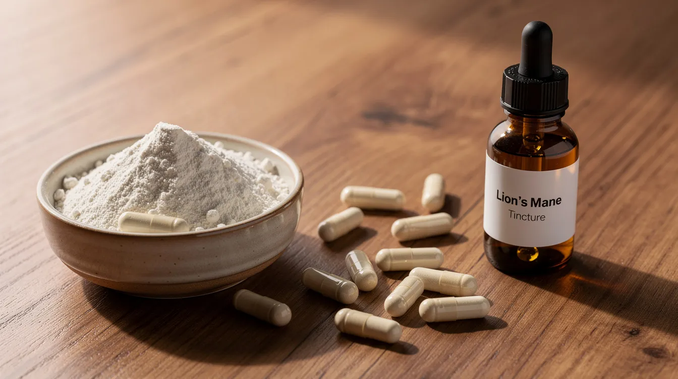 The image features an arrangement of lion's mane mushroom supplements, including a bowl of white mushroom powder, several capsules, and a small glass bottle of tincture, all displayed on a wooden surface. This setup highlights the potential health benefits of lion's mane, known for its ability to stimulate nerve growth factor and support cognitive function.