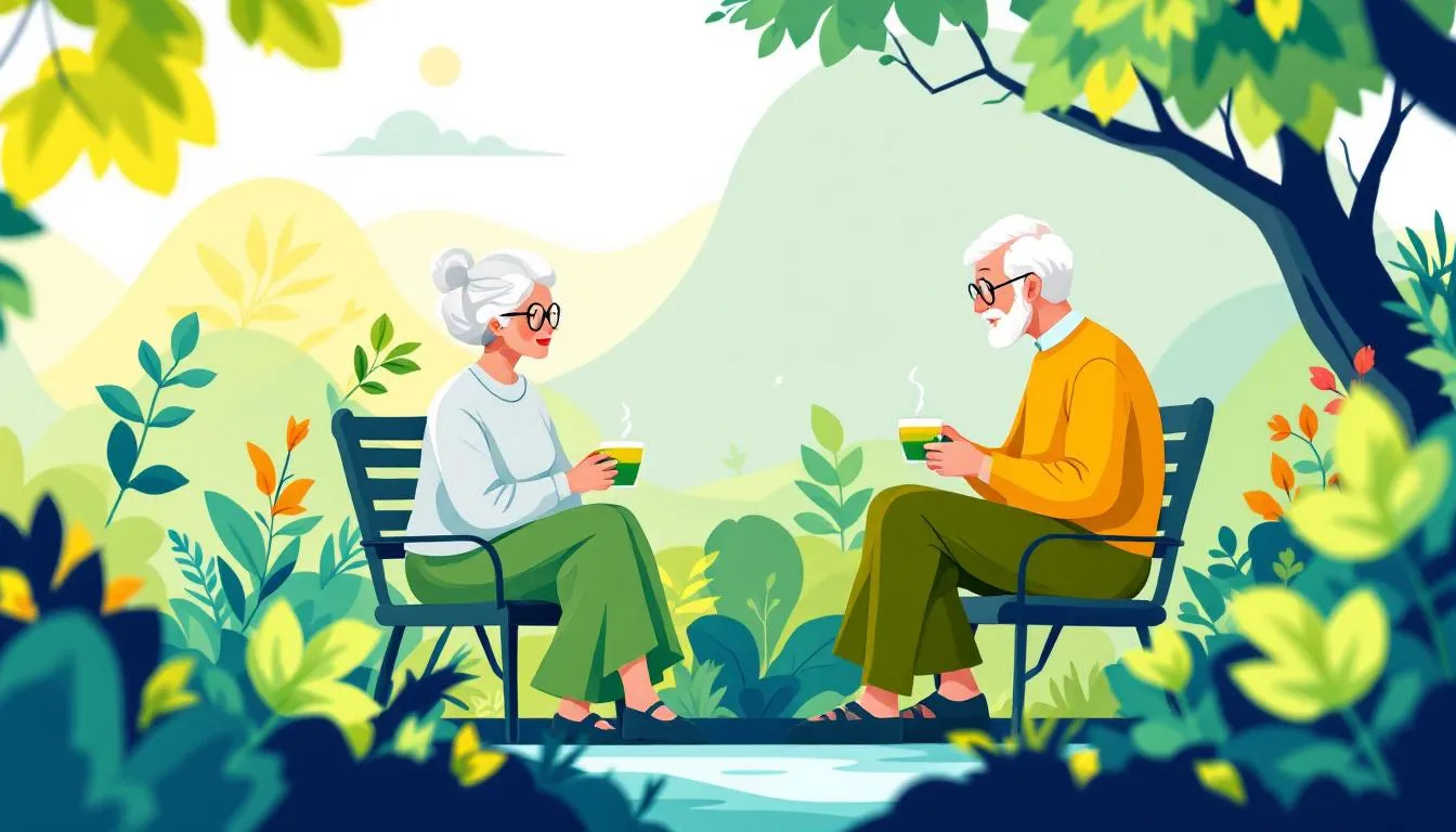 A serene scene of elderly individuals enjoying green tea, symbolizing neuroprotection.