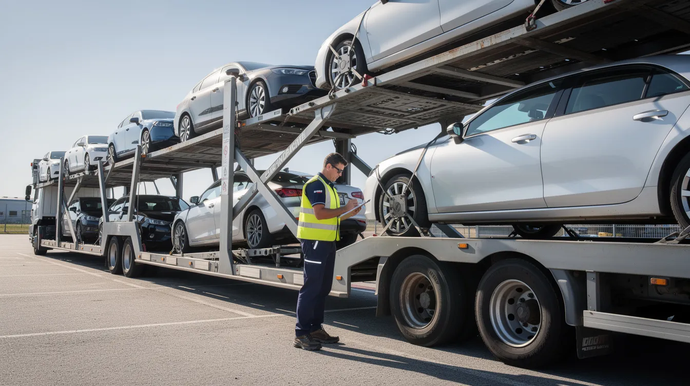 A professional driver is inspecting a sedan on a car carrier trailer, holding a clipboard to ensure all details are checked before transport. This scene highlights the meticulous process involved in expedited car shipping within the auto transport industry.