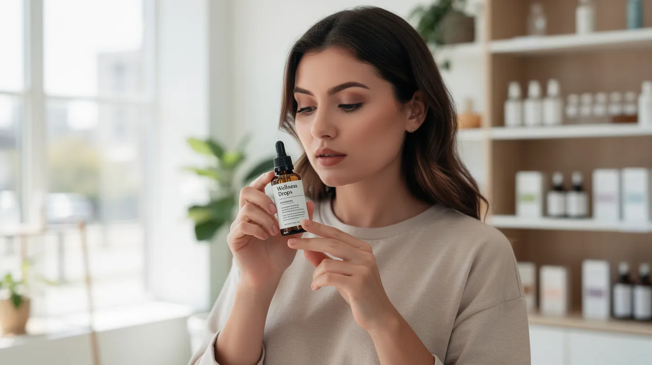 The image shows a person standing in a bright, modern wellness shop, intently reading the label on a small bottle containing hemp-derived products. The setting suggests a focus on quality control and consumer access to various hemp derivatives, including delta 8 THC and other naturally occurring cannabinoids.