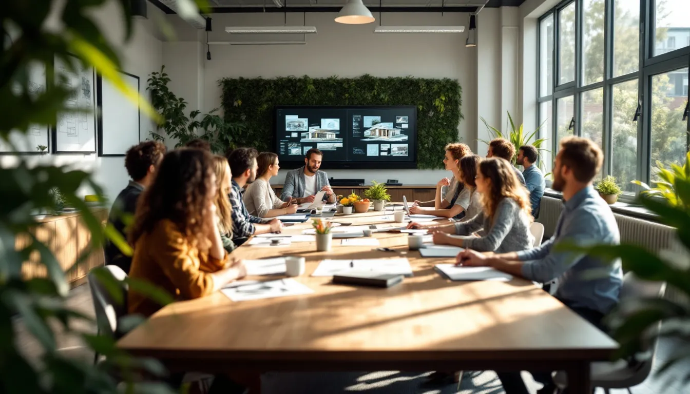 In a bright and healthy environment, architects are engaged in a professional development workshop, collaborating and sharing ideas to improve their skills and manage stress related to their careers. This setting emphasizes the importance of work-life balance and mental health as they address factors that contribute to burnout and psychological distress in the field.