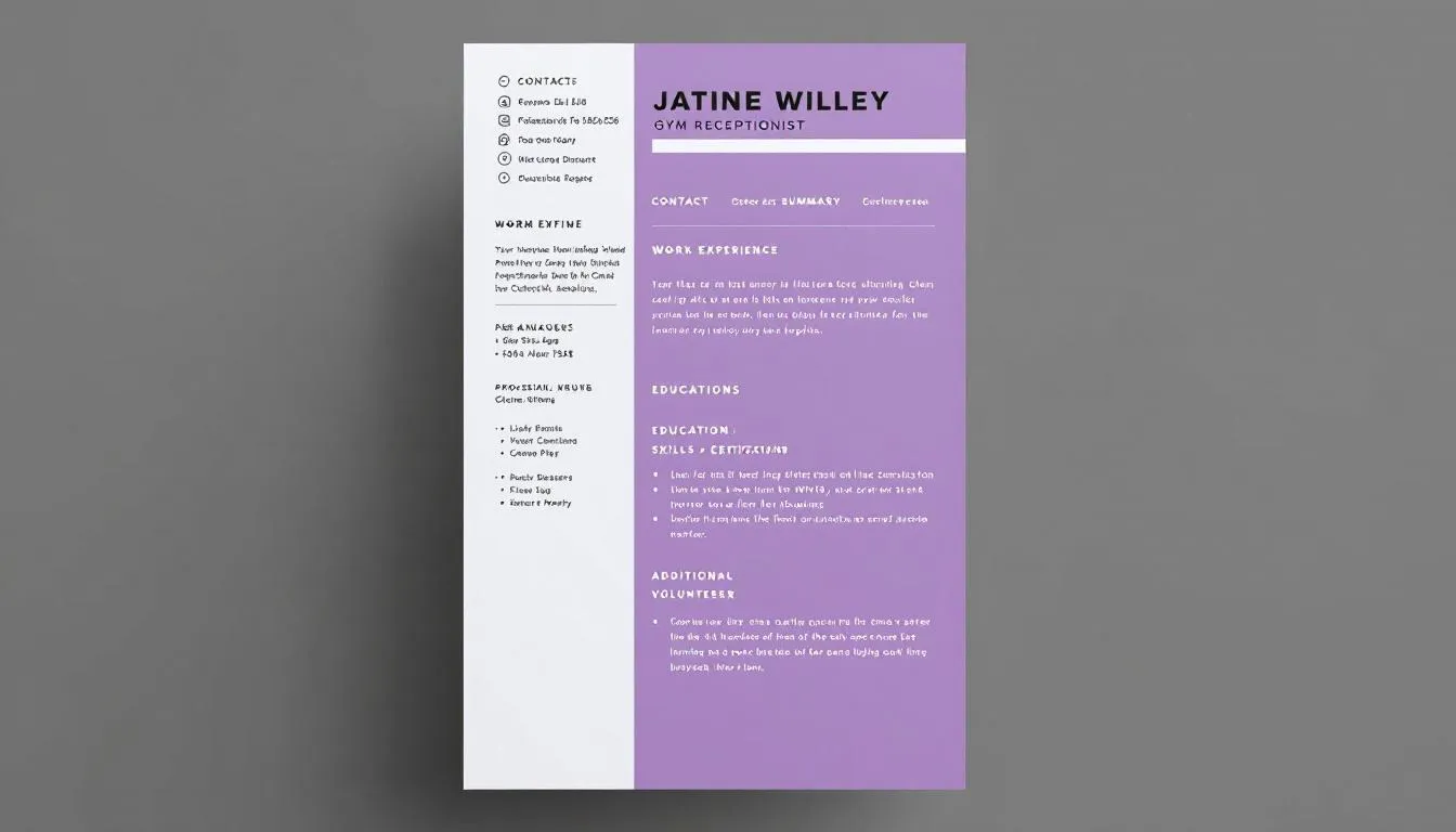 The image illustrates key components that should be included in a gym receptionist's resume, such as strong communication skills, customer service experience, and relevant skills for front desk operations. It emphasizes the importance of highlighting customer satisfaction and engagement to attract potential employers in the fitness industry.