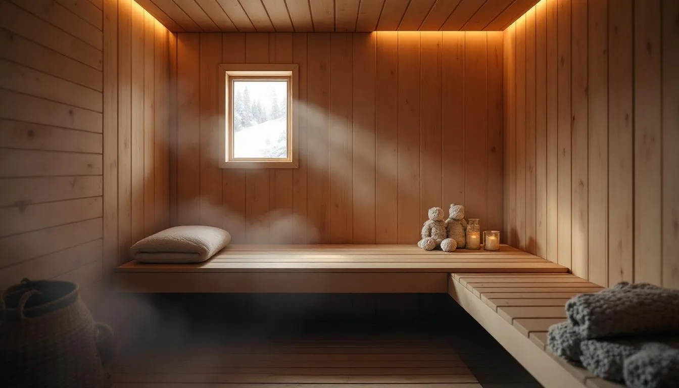 A cozy sauna room with soft sauna lighting creating the right ambiance.