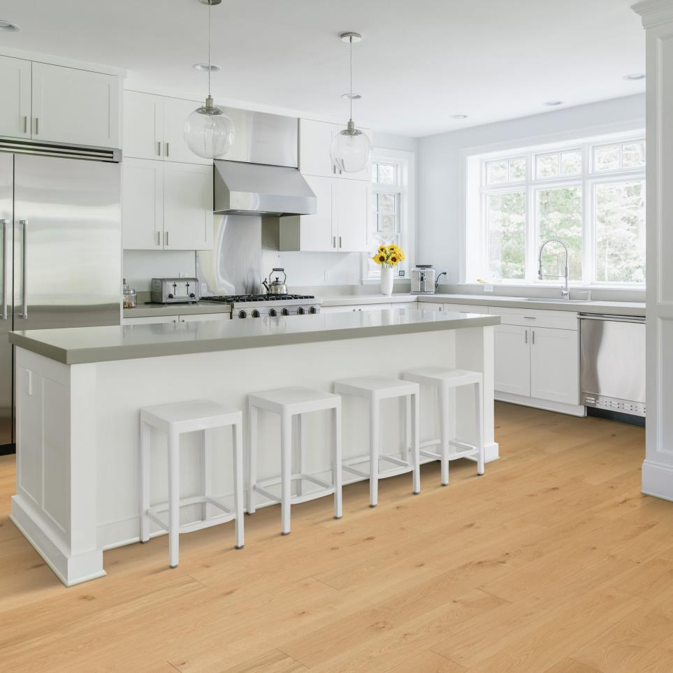 bright white kitchen with stainless steel appliances and light hardwood floors