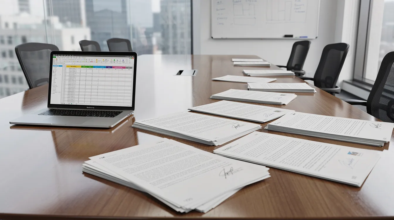 The image depicts an office conference room with a large table covered in contract documents, including liability clauses and indemnification obligations, while a laptop displays a spreadsheet, suggesting active negotiations related to a commercial contract. This setting highlights the importance of discussing risk allocation and enforceable agreements among the parties involved.