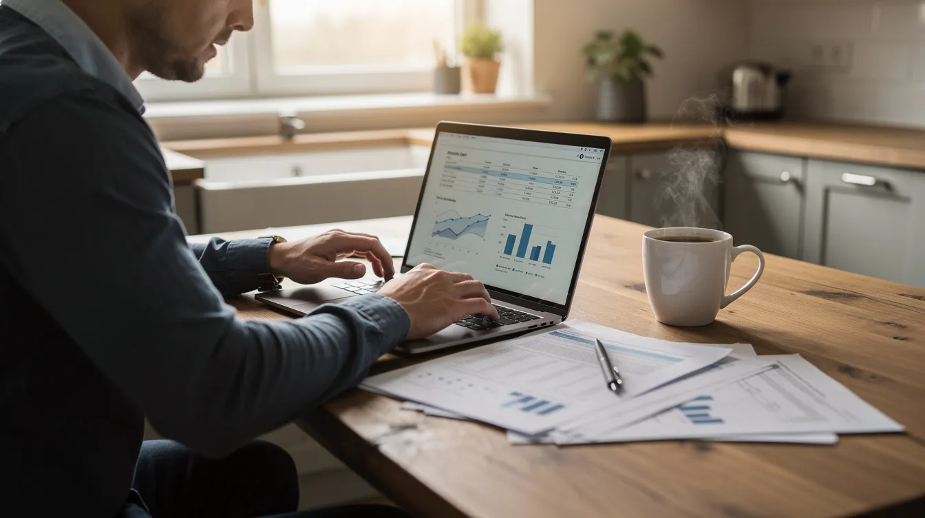 A person is seated at a kitchen table, reviewing financial documents on a laptop, with a coffee cup placed nearby. This scene reflects the meticulous planning often required by Airbnb hosts as they manage their property listings and navigate the sharing economy.
