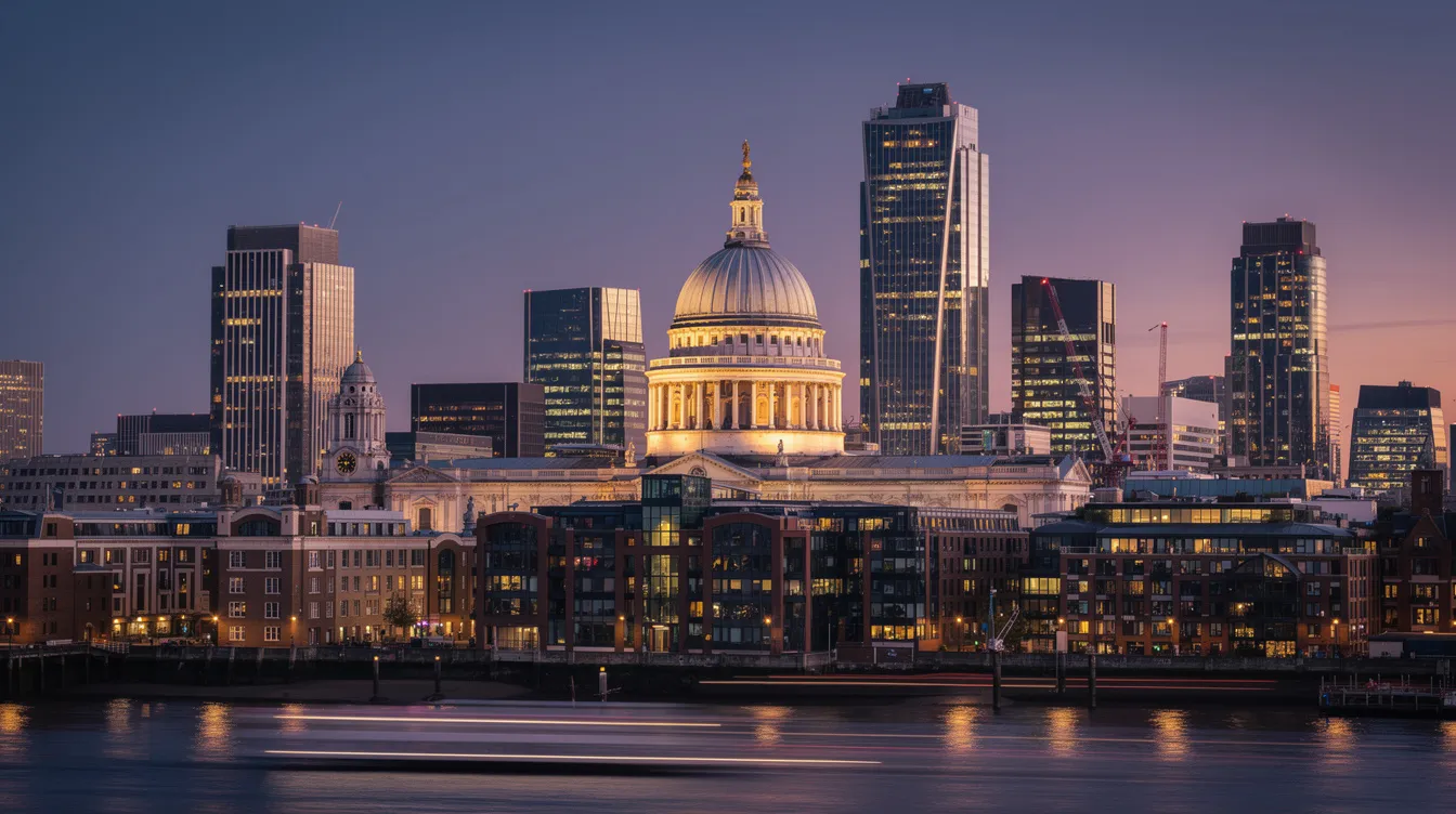 The image captures the elegant London skyline at twilight, featuring the iconic dome of St Paul's Cathedral alongside the modern financial district buildings, creating a stunning contrast between historical and contemporary architecture in this beautiful city. The scene evokes a sense of sophistication, perfect for those seeking a memorable experience in central London.