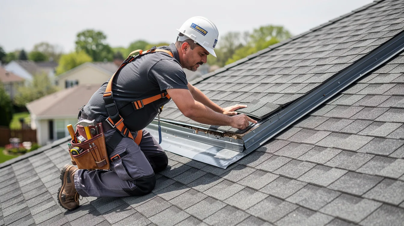 A contractor is carefully inspecting the shingles and flashing on a pitched roof, looking for signs of missing or damaged shingles and potential storm damage. This thorough roof inspection is crucial for northeast Ohio homeowners to ensure their roofs are ready to withstand spring storms and to avoid costly repairs.