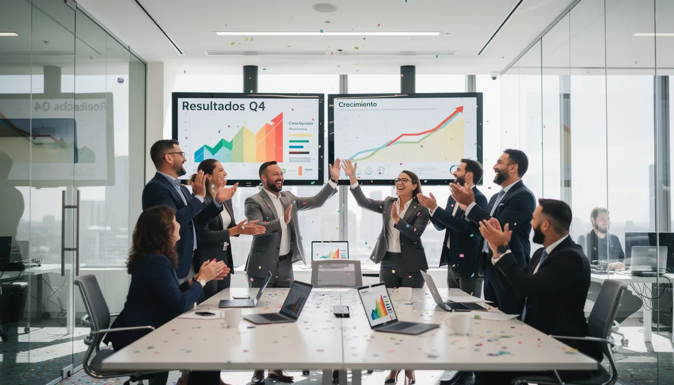 Un equipo de empleados celebra sus resultados exitosos, rodeado de pantallas que muestran gráficos de crecimiento. Este ambiente resalta cómo la inteligencia artificial y las herramientas de ia están potenciando la productividad y la toma de decisiones en las organizaciones.