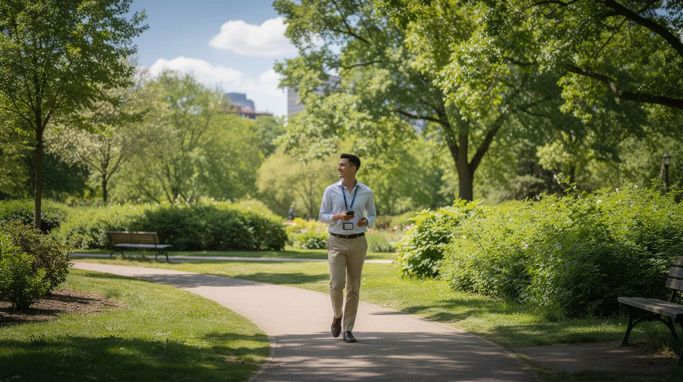 Une personne marche dans un parc verdoyant, profitant d'une pause de travail pour équilibrer sa vie professionnelle et sa vie privée. L'environnement calme et naturel favorise le bien-être et la relaxation, loin du stress quotidien.