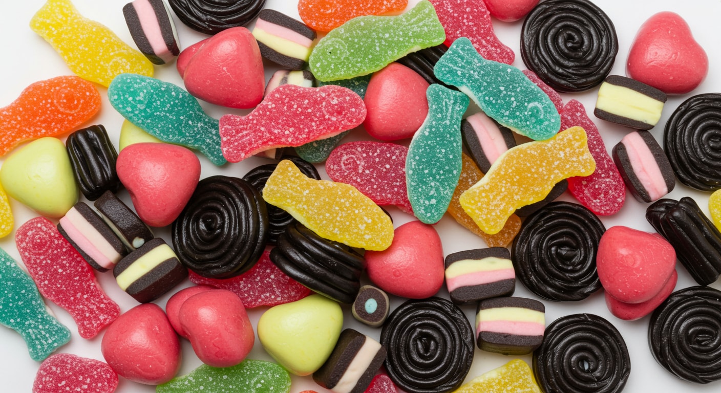 A colorful assortment of Swedish candies is displayed on a clean white background