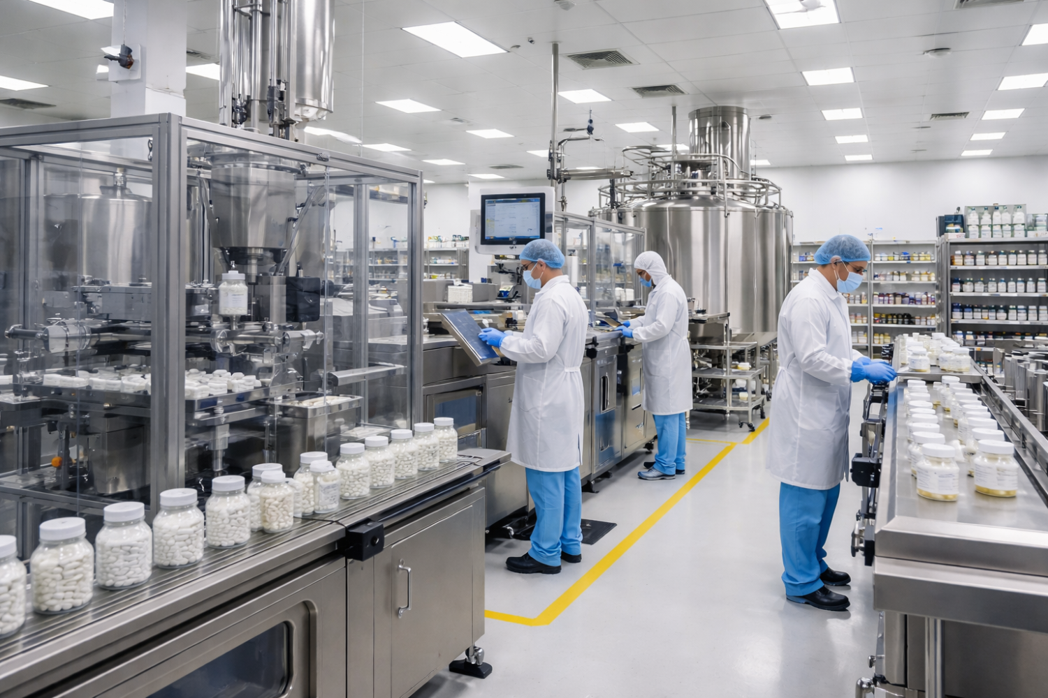 A clean, modern pharmaceutical manufacturing facility with automated machinery and personnel monitoring production.