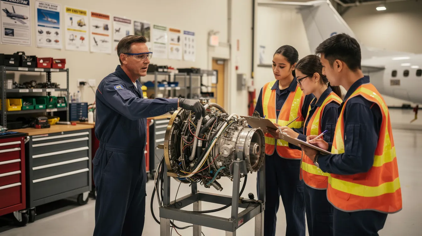 An aircraft maintenance instructor is guiding students during a hands-on lab session, where they are learning practical skills required for aviation maintenance technician certification. The instructor provides feedback and ensures that students understand the necessary requirements outlined by the Federal Aviation Administration (FAA) for compliance with part 147 curriculum.