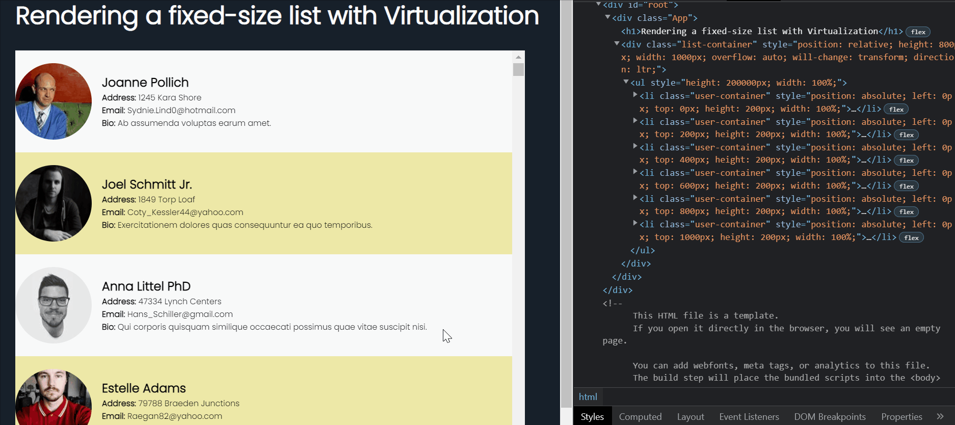 Rendering a fixed-size list with virtualization