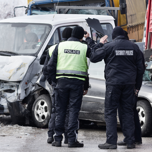 A photograph showing police officers taking a report at a truck accident scene in Gwinnett.