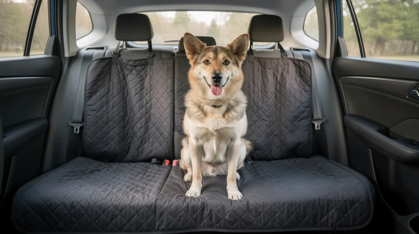 A happy dog sits comfortably in the backseat of a car, resting on a quilted waterproof seat protector, showcasing the bond between pet parents and their furry friends. This cozy setup is good for dog lovers, ensuring a clean ride while celebrating their beloved fur babies.