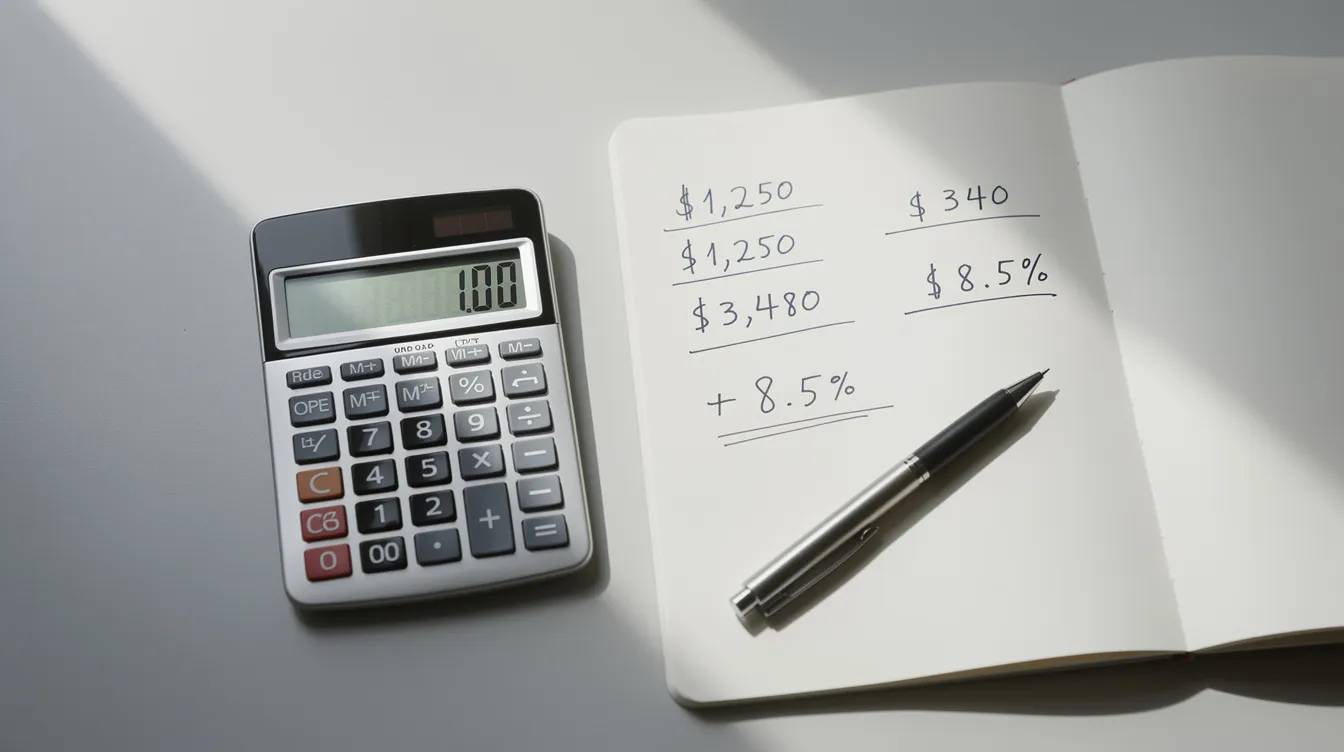 The image features a calculator, a notepad filled with financial figures, and a pen neatly arranged on a clean desk surface, suggesting a workspace suited for 公務員 的 tasks. This setup could be typical for a 新入職 in the 香港 特別 行政區's 事務局, focusing on financial planning for 2026.