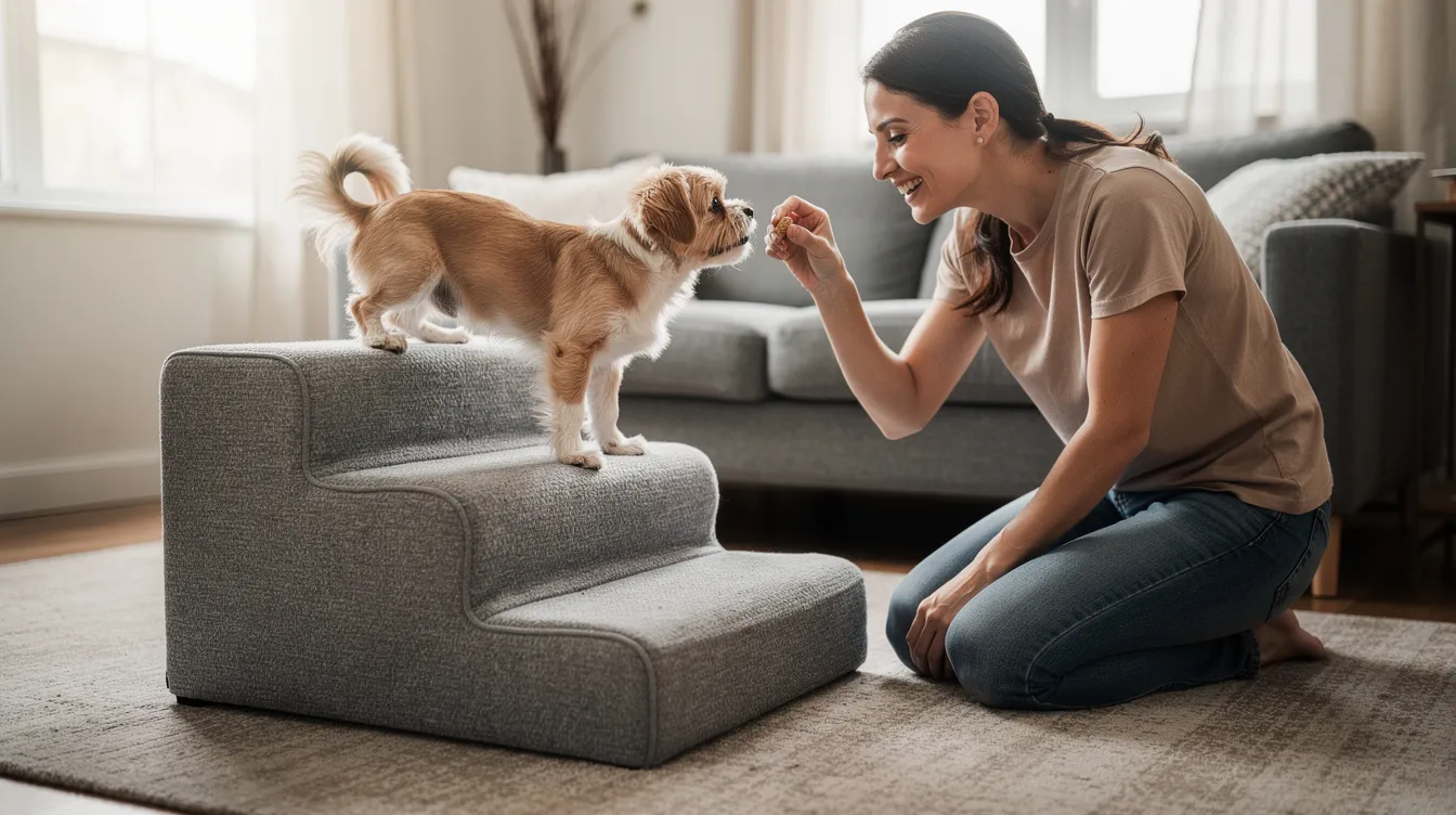 A dog owner kneels beside foam pet stairs, offering a treat to a small dog sitting on the first step, showcasing an easy way to help dogs reach higher places safely. The scene emphasizes the use of dog stairs as a practical product for pet owners.