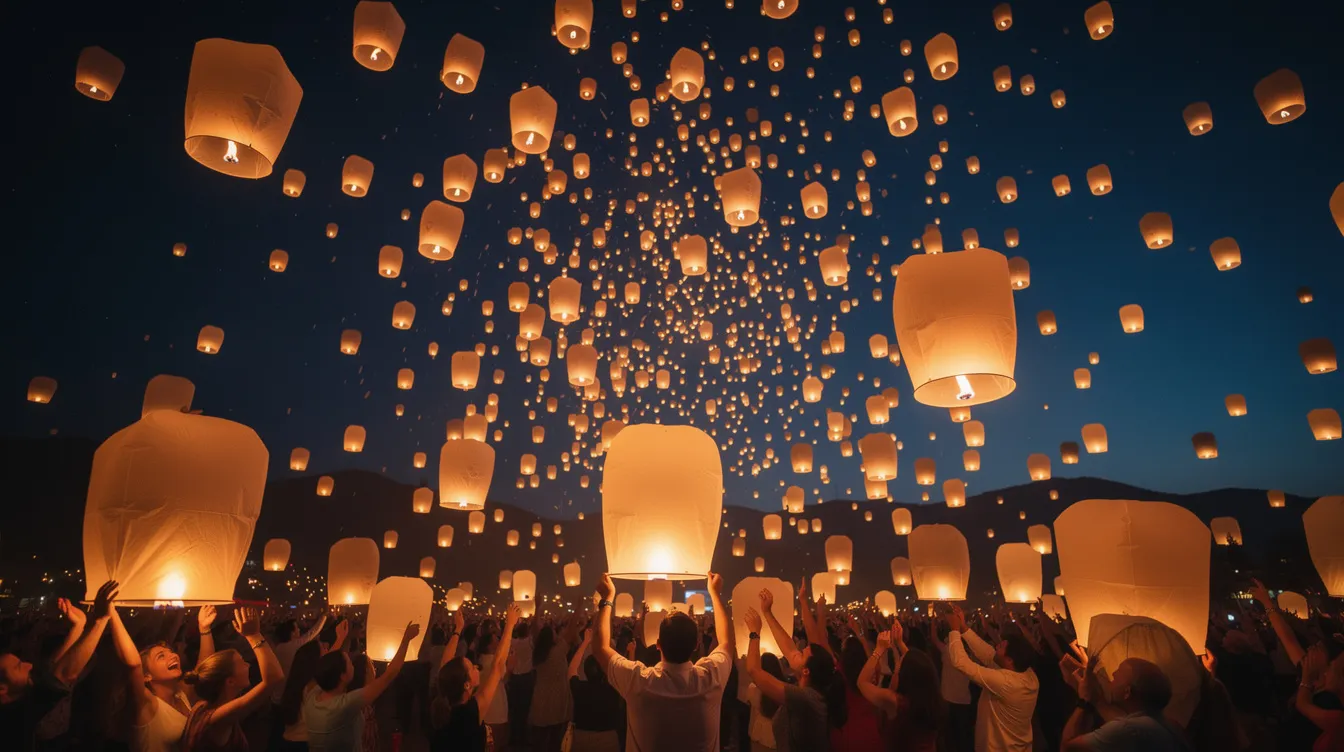 The image depicts traditional floating lanterns gracefully ascending into the night sky during a vibrant festival celebration, symbolizing hope and good fortune. This enchanting scene captures the essence of Thai culture, often showcased during events like the Yi Peng Lantern Festival in northern Thailand.