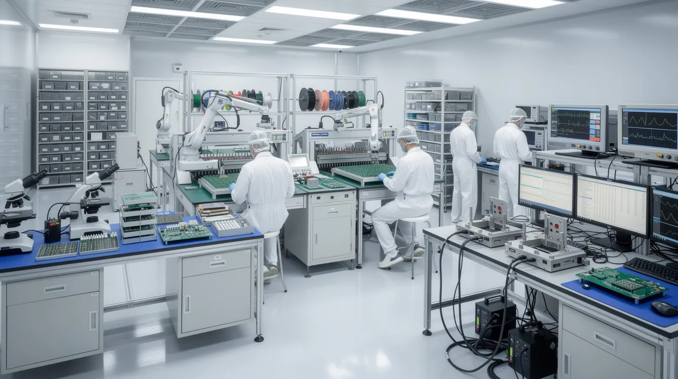 a2f47b06 c63a 44ab b4f2 bcb335107cf0 The image depicts a clean room in an electronics manufacturing facility, showcasing precision assembly equipment and quality testing stations essential for the manufacturing process. This environment highlights the importance of maintaining high standards in production, reflecting market trends and the rising demand for quality electronics in various industries.