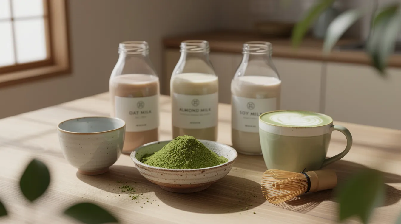 Auf dem Bild sind verschiedene pflanzliche Milchsorten, darunter Hafermilch, Mandelmilch und Sojamilch, in kleinen Glasflaschen und Keramiktassen auf einem hellen Holztisch angeordnet. Neben einer Schale mit leuchtend grünem Matcha-Pulver steht eine Tasse mit cremigem Matcha Latte und einem Bambusbesen, während sanftes Morgenlicht durch das Fenster strömt und eine minimalistische, japanisch inspirierte Küchendekoration schafft.
