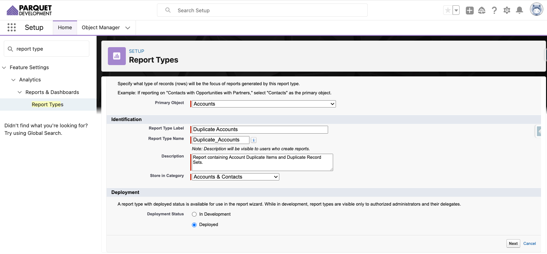 Screenshot of creating a Salesforce Custom Report Type