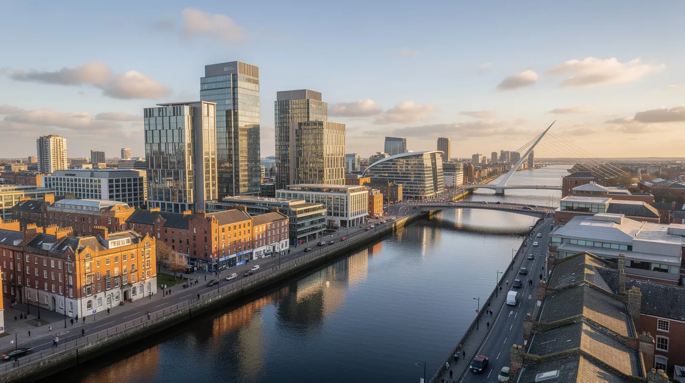 An aerial view showcases the Dublin city skyline, prominently featuring modern financial district buildings along the River Liffey, which play a crucial role in Ireland's economy and the Irish banking sector. The scene reflects the vibrant urban landscape and highlights the significance of institutions like the Irish Central Bank and Allied Irish Bank in shaping the country's financial landscape.