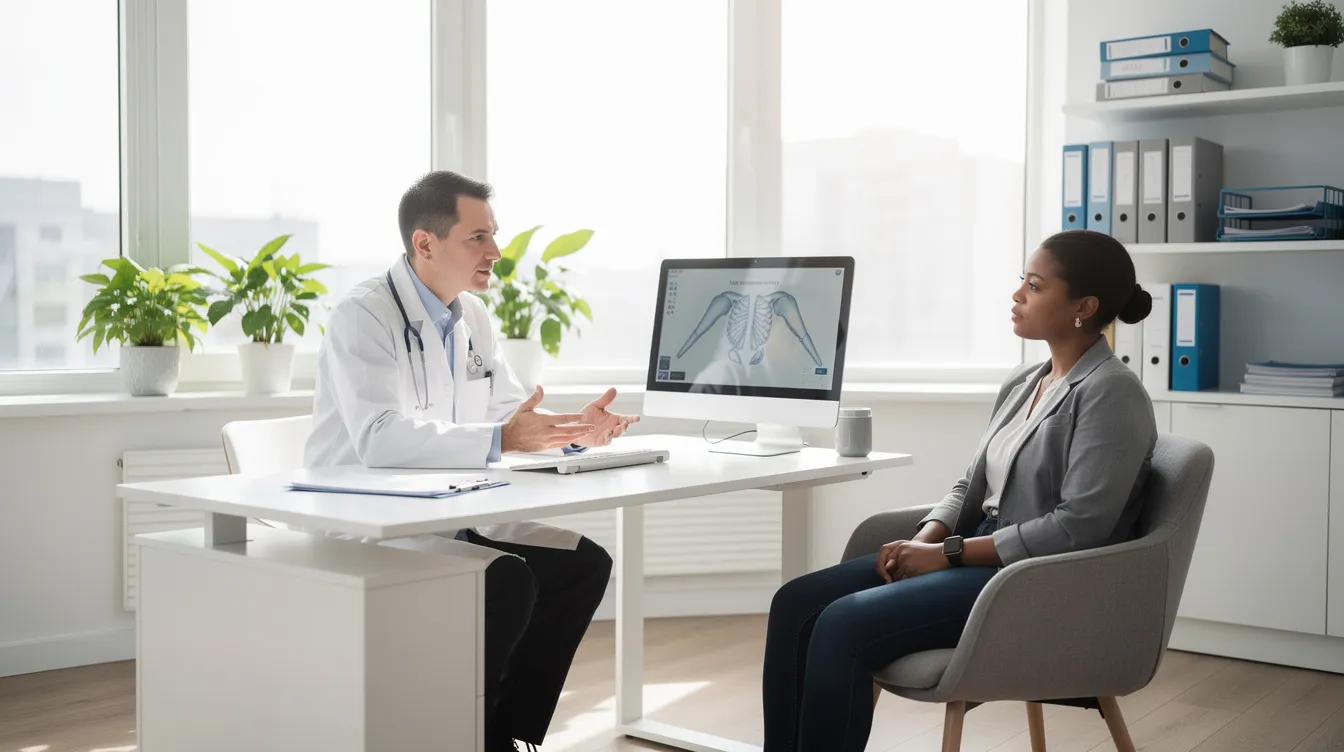 A person is sitting across from a healthcare professional in a bright, modern clinic office, engaging in a consultation about health and wellness. The setting suggests a focus on potential benefits of various treatments, including CBD products, which may provide relief for conditions like anxiety and pain.