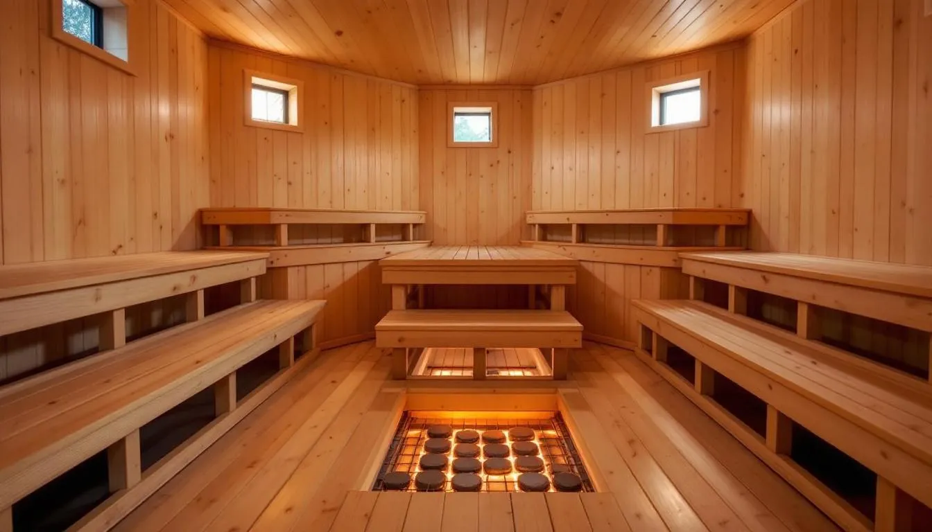 The image depicts a traditional wooden sauna interior featuring tiered benches made of warm wood and a stone heater filled with heated rocks, creating an inviting atmosphere for relaxation and wellness. This authentic sauna experience offers the unique health benefits of traditional saunas, such as muscle relaxation and stress relief.
