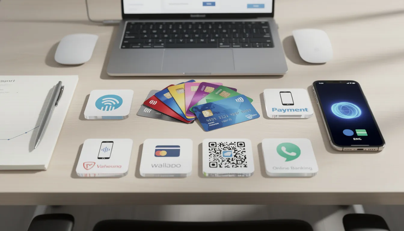 En bild av ett skrivbord med kreditkort och olika digitala betalningssymboler, vilket illustrerar moderna betalningsmetoder för online casinon. Denna scen kan vara relevant för svenska spelare som vill utforska casinon utan svensk licens och deras erbjudanden.