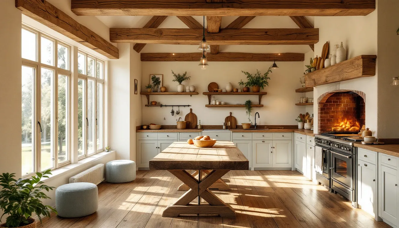 A bright and airy oak kitchen enhanced with natural light streaming through large windows.