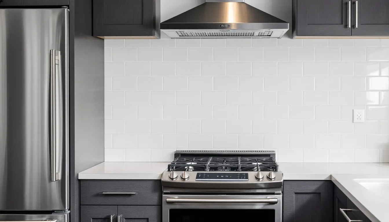 The image features a stylish kitchen backsplash adorned with white subway tiles arranged in a herringbone pattern, set against sleek stainless steel appliances. This modern design element adds a significant impact to the kitchen remodel, enhancing its appeal for future buyers and increasing the home's resale value.