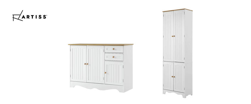The Artiss Berne set, including a cabinet and a sideboard. Both elegant solutions for non-traditional clothing storage.