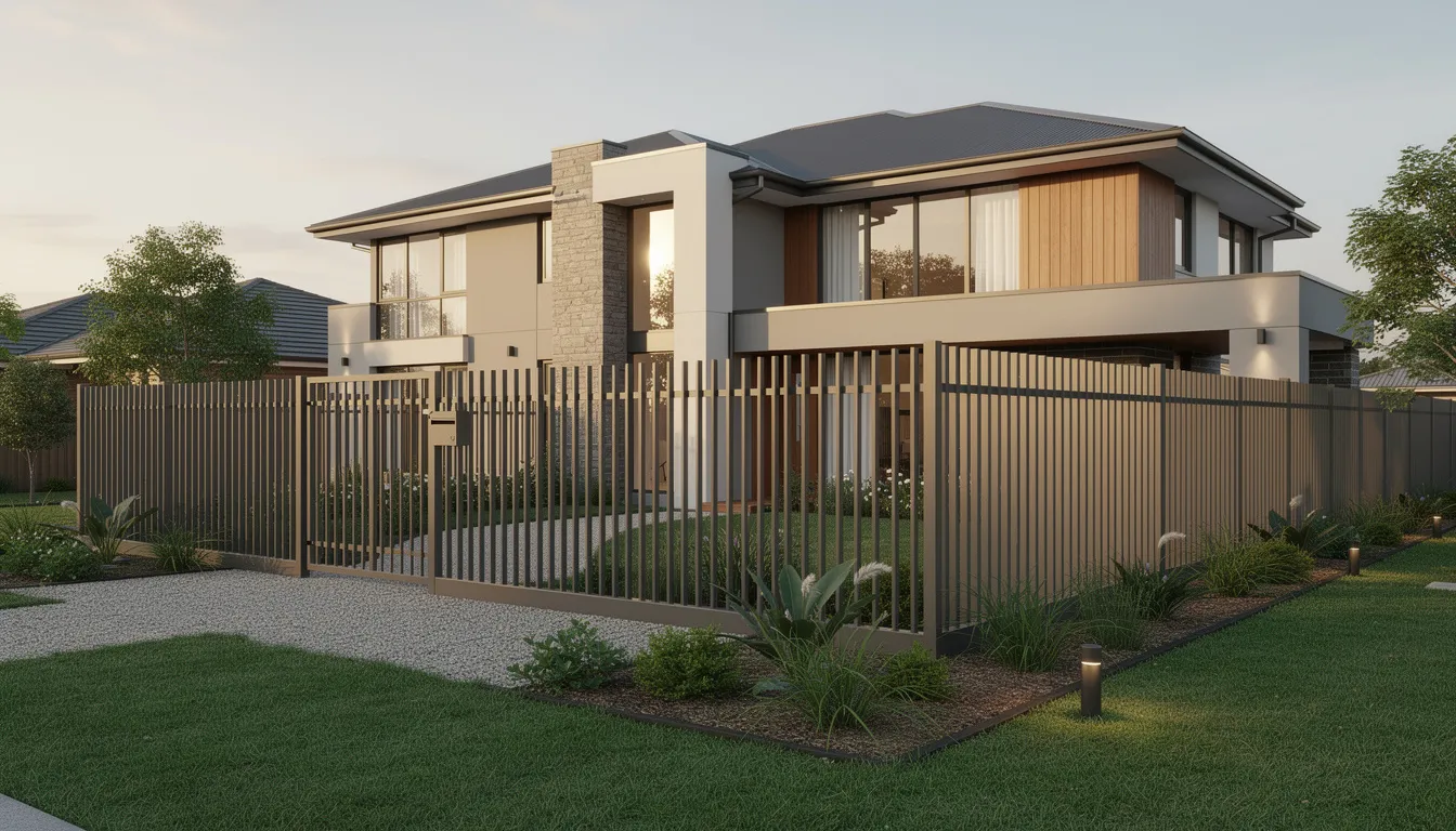 The image showcases a modern colorbond fence in a contemporary color, enhancing the visual appeal of a residential property. This durable fencing solution is designed to withstand harsh weather conditions while providing security and aesthetic appeal to the outdoor space.