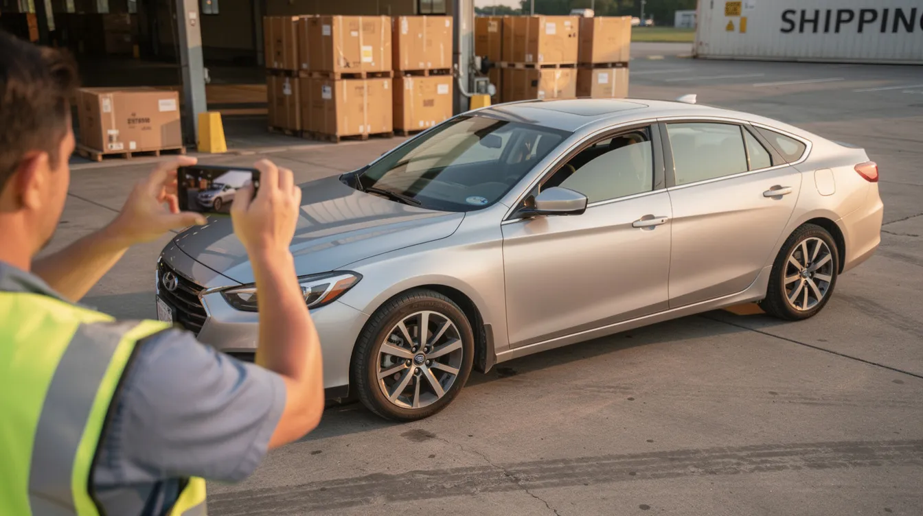 A person is photographing the exterior of a car, preparing it for shipping, likely to ensure its condition is documented before it is transported. This image highlights the importance of vehicle transportation and the car shipping process in the auto transport industry.