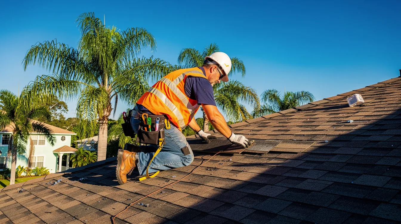 A contractor is working on a rooftop under bright, sunny Florida skies, with palm trees swaying gently in the background. This image captures the essence of home service contractors in South Florida, emphasizing the importance of local SEO services for enhancing online visibility and generating qualified leads.
