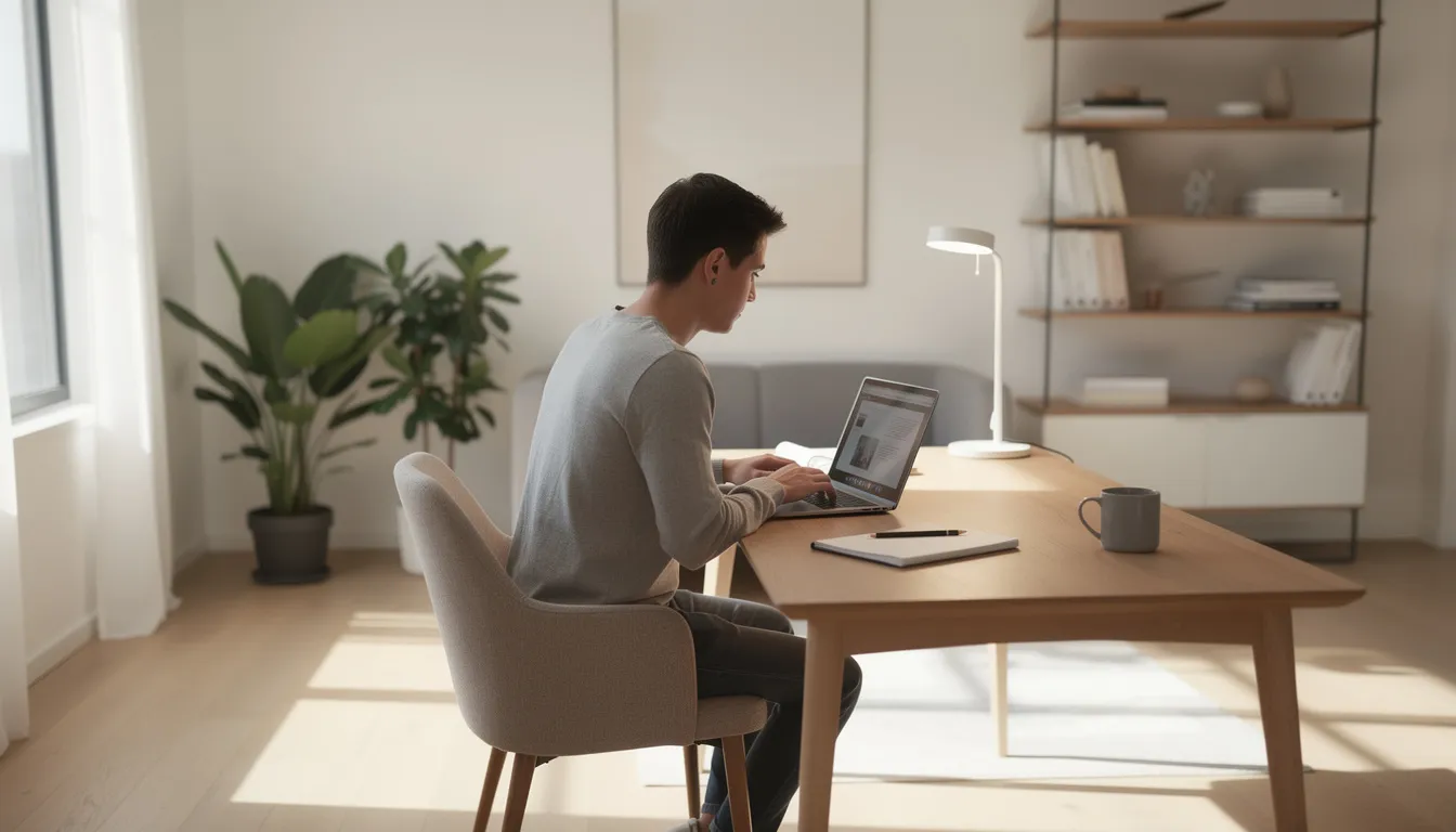 Na obrazku widzimy osobę siedzącą przy biurku w nowoczesnym mieszkaniu, korzystającą z laptopa. W tle można dostrzec stylowe meble oraz akcenty dekoracyjne, które tworzą przytulną atmosferę do pracy, co jest istotne dla efektywności energetycznej nieruchomości.