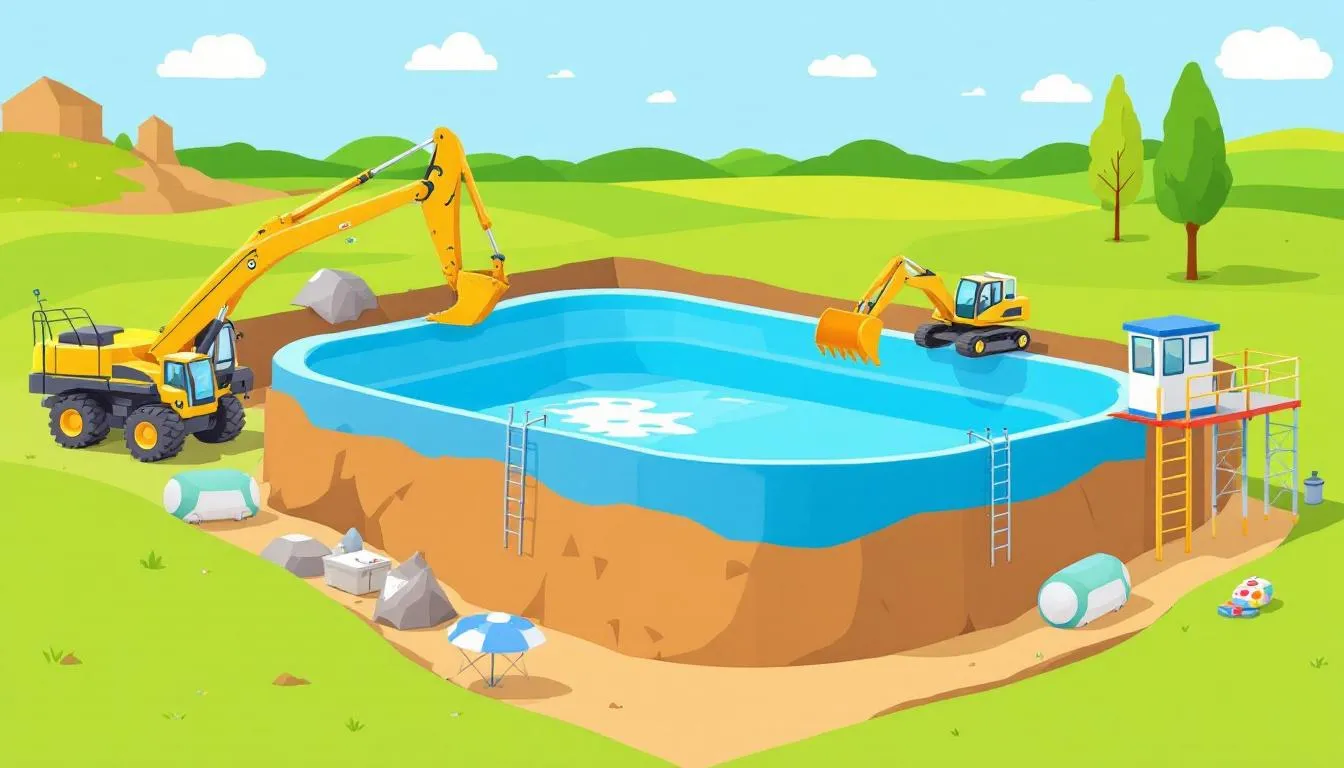 The installation process of a fiberglass pool, demonstrating construction equipment and a pre-formed fiberglass shell.
