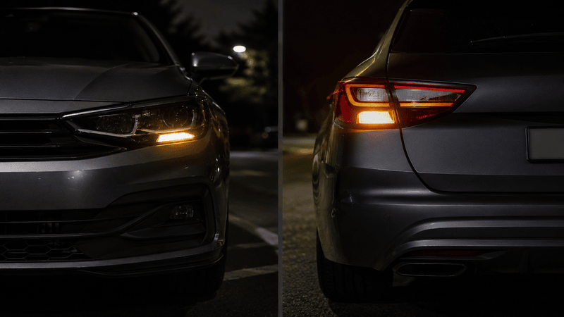 parked car display parking lights correctly, rear and front showing same colour