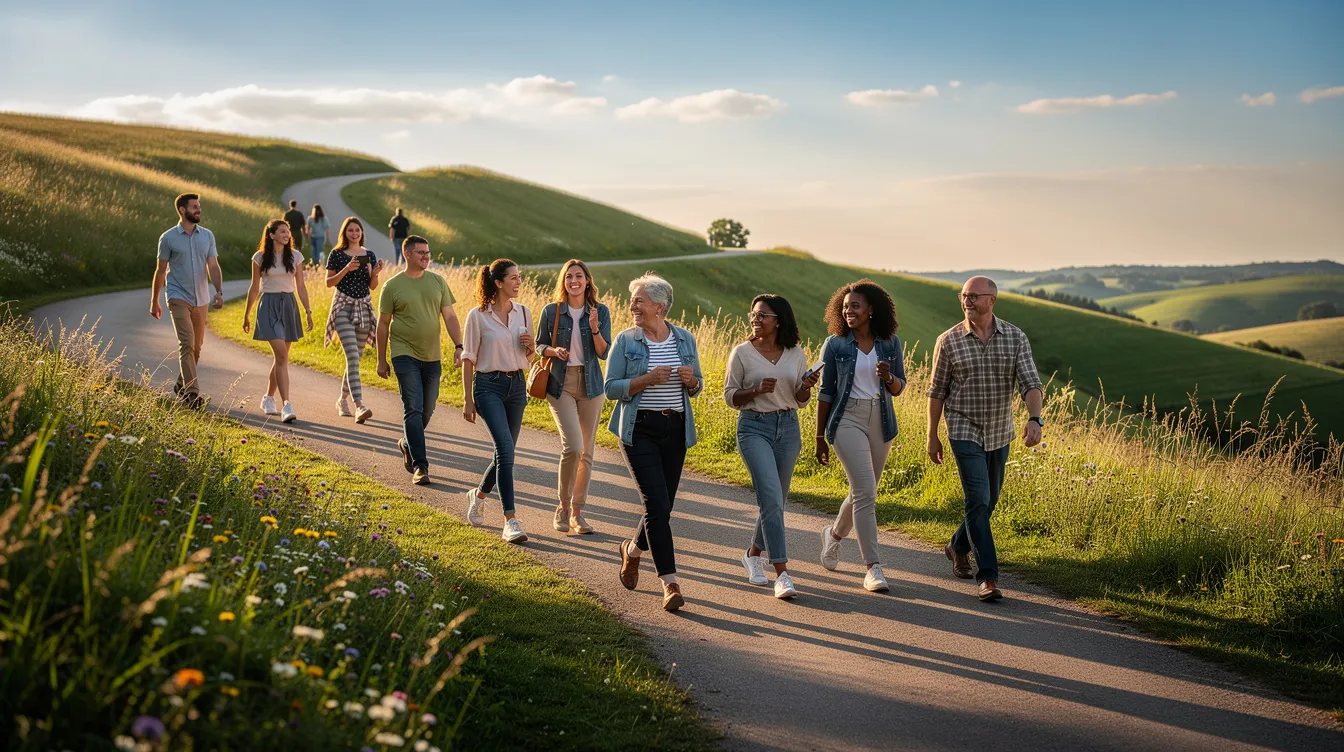 A diverse group of people walks together along a sunlit path through a lush green hillside, symbolizing the journey of discipleship and the community of believers following Jesus Christ. This image reflects the spirit of Christian life and the importance of making disciples in everyday life.