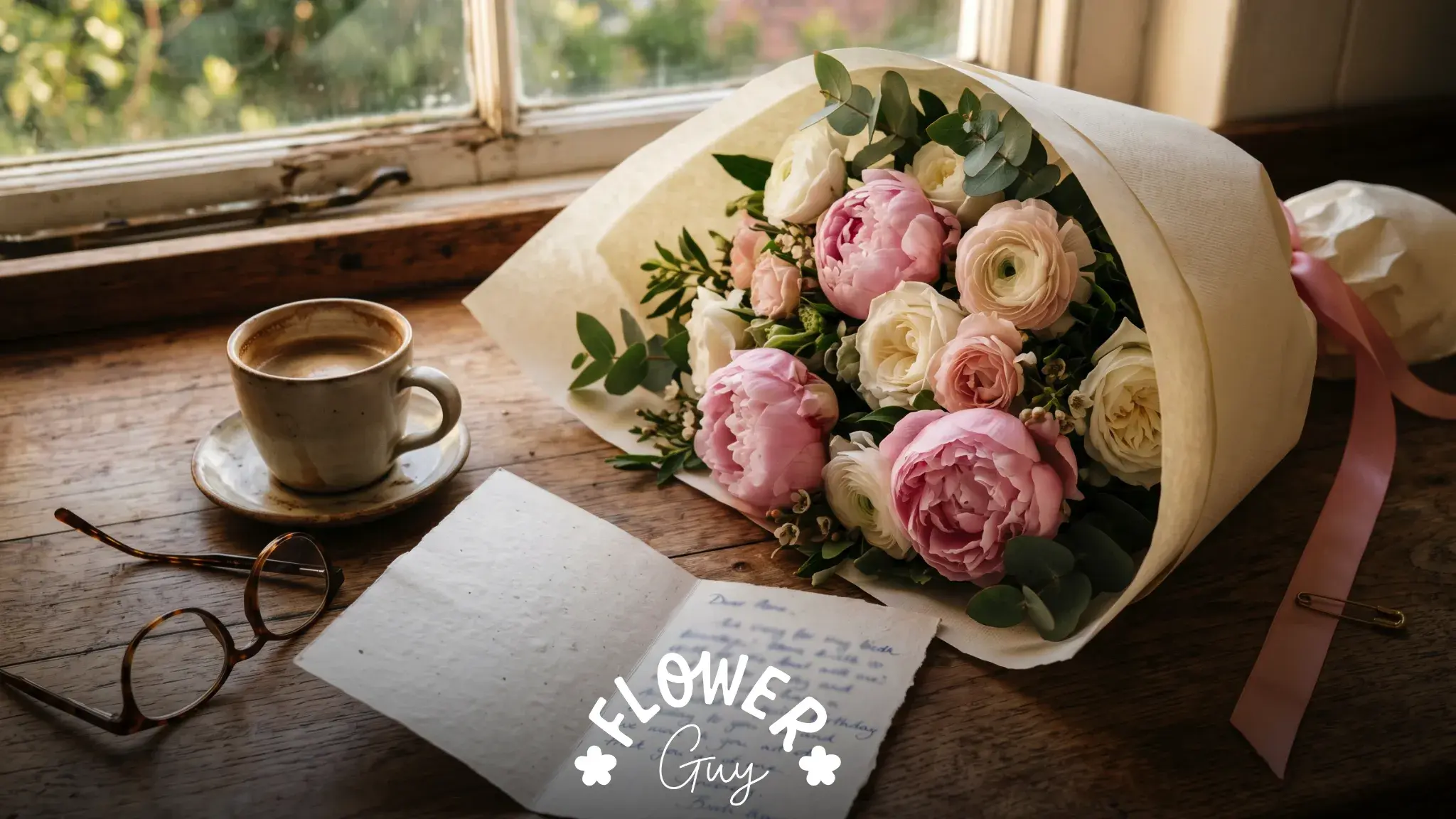 Handwritten birthday card and pink peony bouquet on kitchen counter showing heartfelt happy birthday messages setup